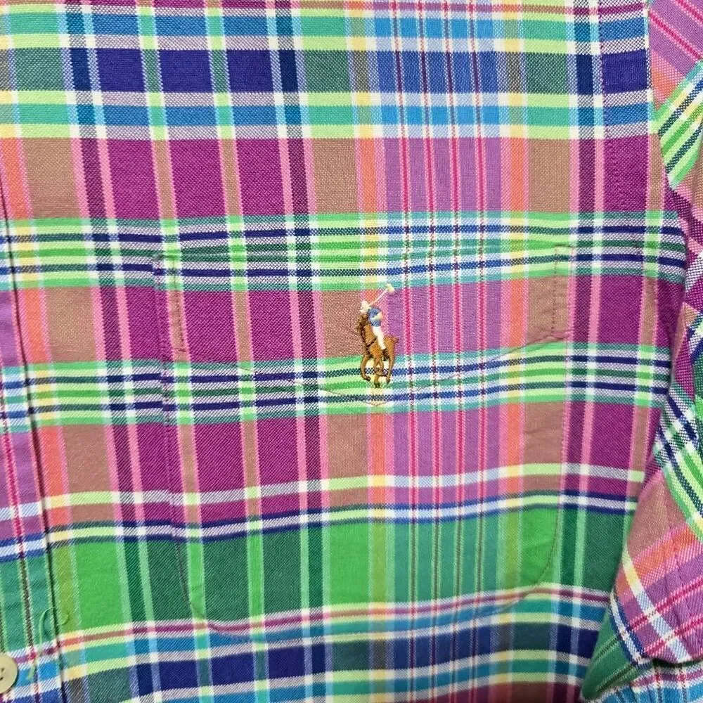 Ralph Lauren Pink Tartan Plaid Shirt Sleeve Button Up Shirt Preppy Summer Bright - Picture 2 of 5